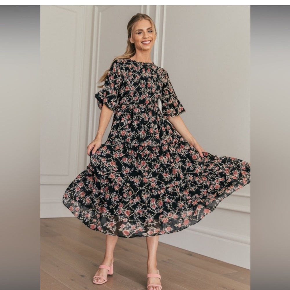 JessaKae Black Floral Tiered Smocked Wandering Willoughby Midi Dress Size XS